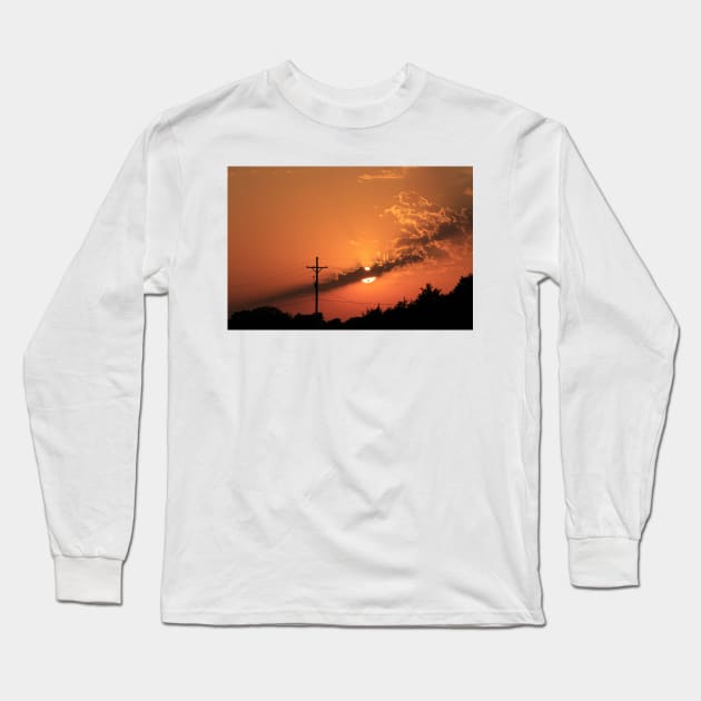 Kansas Orange Sunset with Power lines out in the Country. Long Sleeve T-Shirt by ROBERTDBROZEK